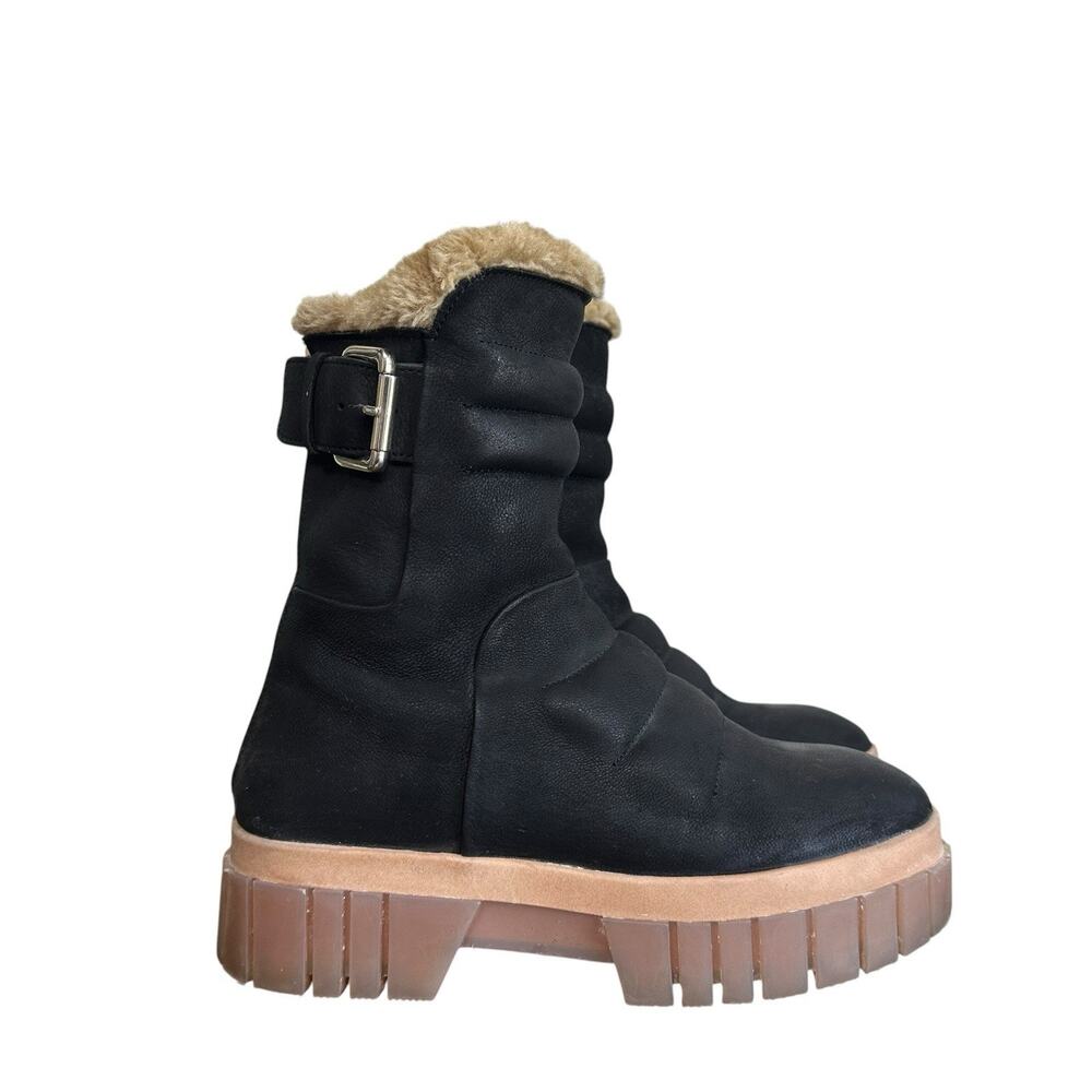 Free People Black Fable Faux Fur Lined Chunky Moto Short Lug Zip Boots Size 36